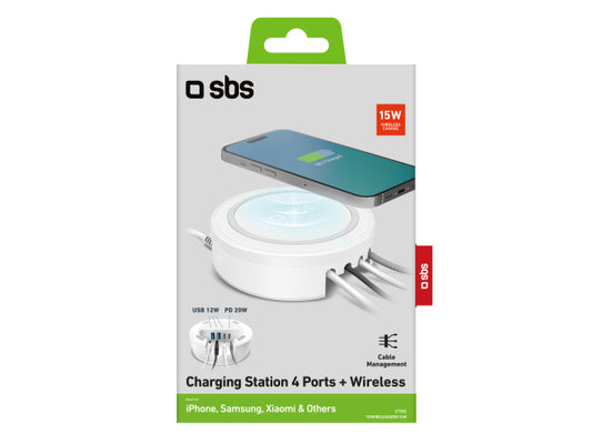 SBS Ladestation mit 2 USB-A-, 2 USB-C-Ports und kabellosem Ladegerät