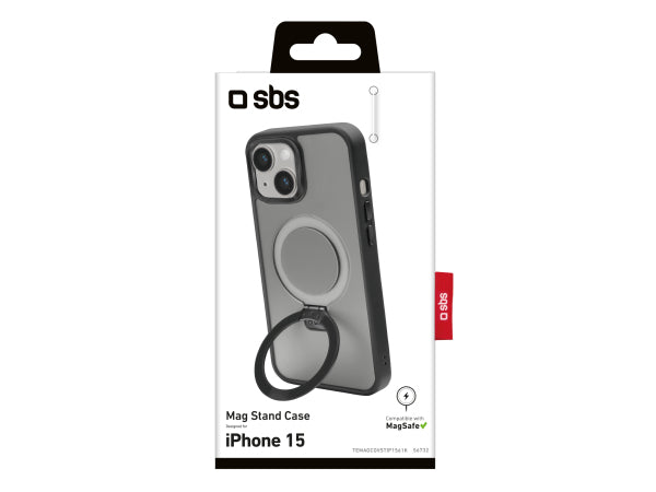 SBS Cover compatibile con ricarica MagSafe con finiture in metallo e anello con funzione stand per iPhone 15 Kaufuniversum - SBS Cover compatibile con ricarica MagSafe con finiture in metallo e anello con funzione stand per iPhone 15