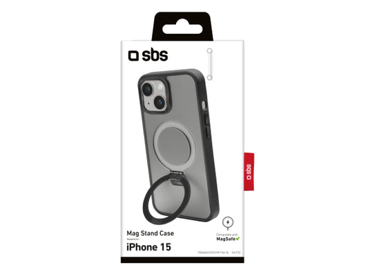SBS Cover compatibile con ricarica MagSafe con finiture in metallo e anello con funzione stand per iPhone 15