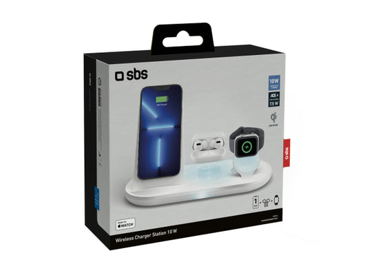 SBS Kabelloses QI-Ladegerät mit Halterung für Smartphones, Ohrhörer und Apple Watch